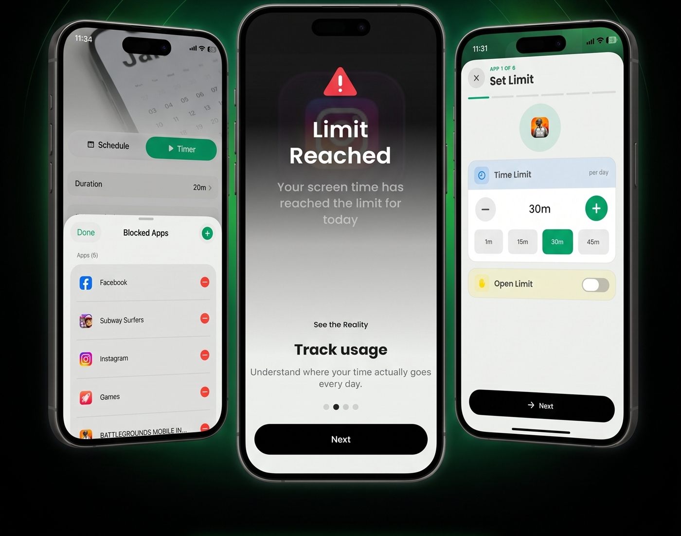 ScreenHalt app screens showing blocked apps and a reached limit