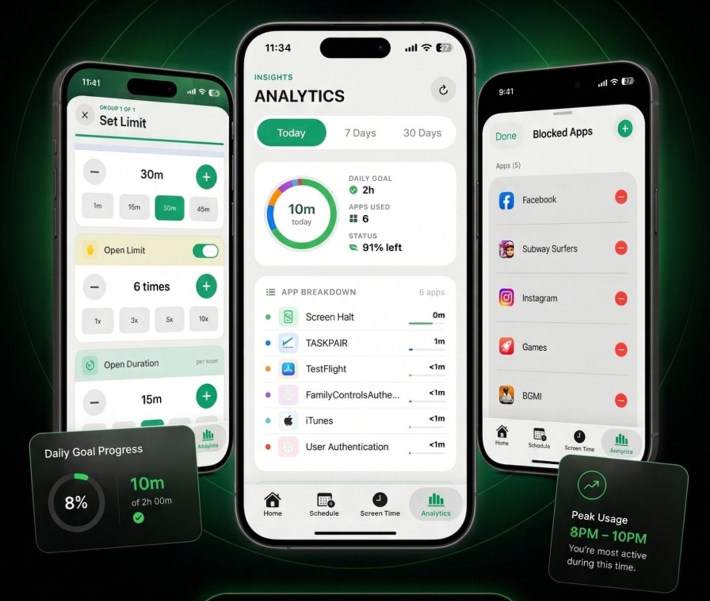 ScreenHalt app screens showing daily goals, progress, and streaks