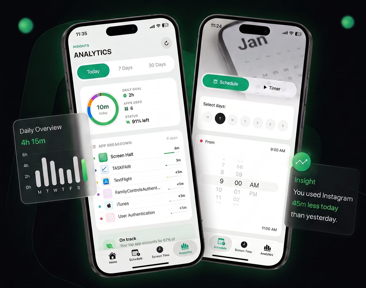 ScreenHalt app screens showing screen time insights and usage breakdowns