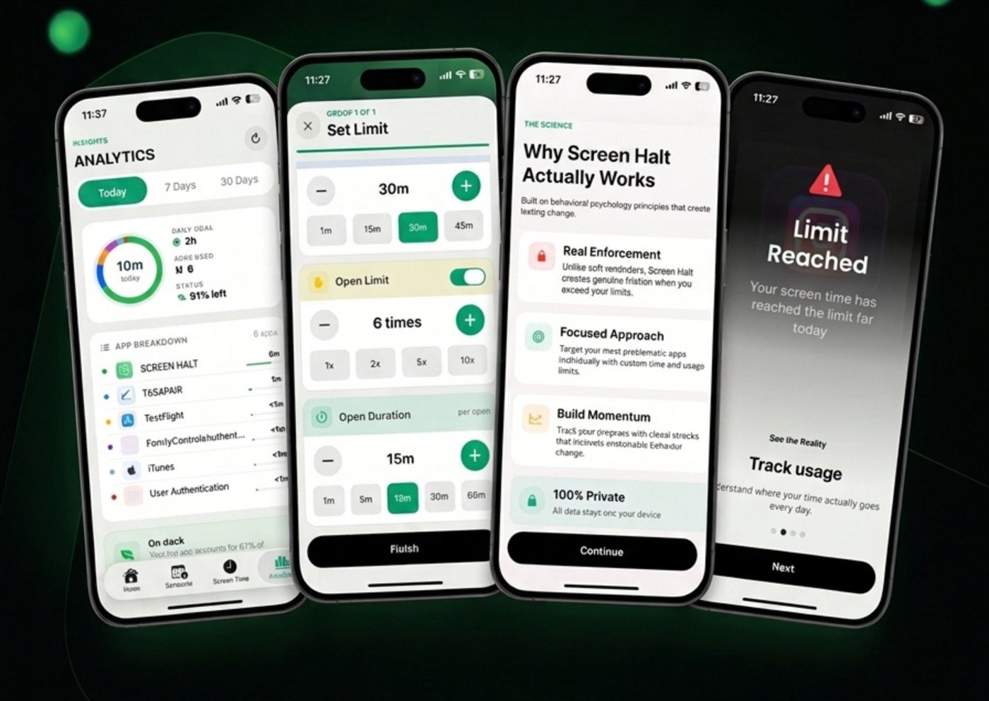 ScreenHalt app screens showing daily app time limits being set